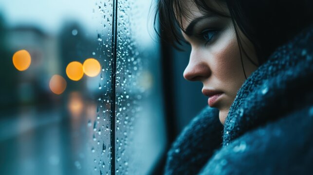 A captivating close-up capturing a woman's pensive expression as raindrops cling to the window, illustrating a moment of introspection and emotion.