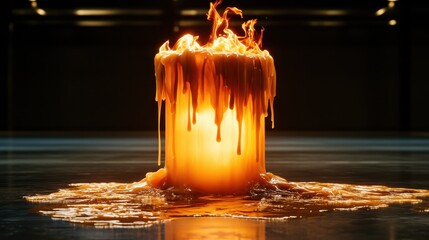 An artistic representation of orange candle wax dripping with a fiery glow, creating an abstract composition that evokes warmth and the essence of light fading into darkness.