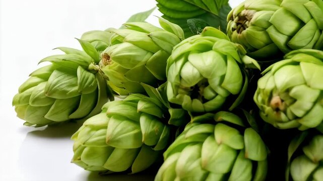 Pile of Fresh Green Hop Cones and Leaves, Ingredient Used in Beer Brewing Process, Close Up Still Life
