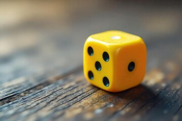 Close-up shot of a single yellow die rolling across a wooden surface, motion blurred, highlighting the vibrant color and textured surface of the die , dice roll, chance