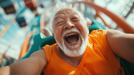 An elderly man radiates joy while experiencing the thrill of a roller coaster ride, showcasing the importance of laughter and adventure at any age, reflecting a youthful spirit.