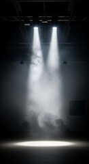 Twin Beams of Light Cutting Through Stage Fog in a Darkened Theater