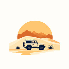 Off-road vehicle driving through desert landscape at sunset  