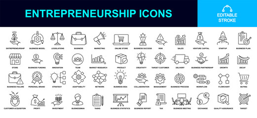 startup or entrepreneurship icon set including investment, strategy, profit, capital, sales, management, analyzing, marketing, business plan, personal brand, innovation, adaptability, network etc