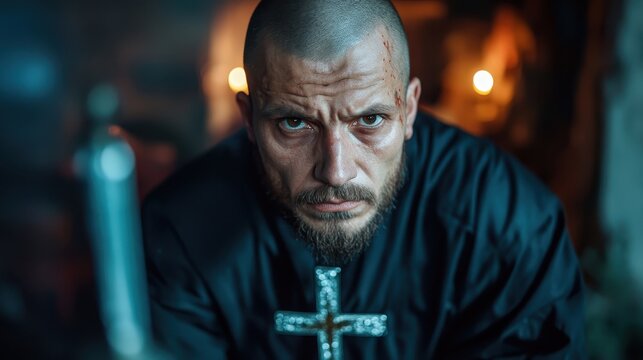 A striking portrait of a man in religious attire, evoking deep emotions and spiritual intensity. The image reflects themes of faith, strength, and solemnity.