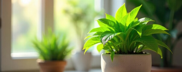Lush green potted plant thriving indoors, bathed in soft sunlight Perfect for home decor, adding a touch of nature to any room Healthy leaves, vibrant growth , green, living room
