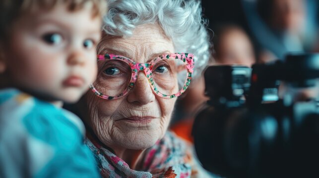 An elderly woman with striking glasses gazes into the lens with warmth, holding a child nearby, capturing the essence of family love and intergenerational connection.
