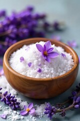 Relaxing lavender bath salts with delicate dried flowers, perfect for aromatherapy and spa treatments Enjoy the soothing scent and beautiful visuals , bath accessories, scent, bath products