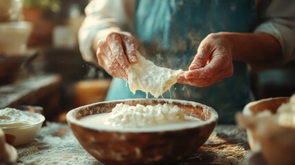 Skilled hands are expertly stretching dough with flour, illustrating the artistry and passion involved in preparing homemade food with love and dedication in a rustic kitchen.