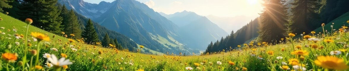 Fototapeta premium Serene meadow nestled high in the mountains, wildflowers in bloom, sunlight dappling through trees Perfect for nature, travel, and landscape projects , mountain meadow, peaceful