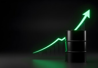 A black crude oil barrel placed beside a digital arrow graph pointing sharply upward, symbolizing rising prices due to conflict