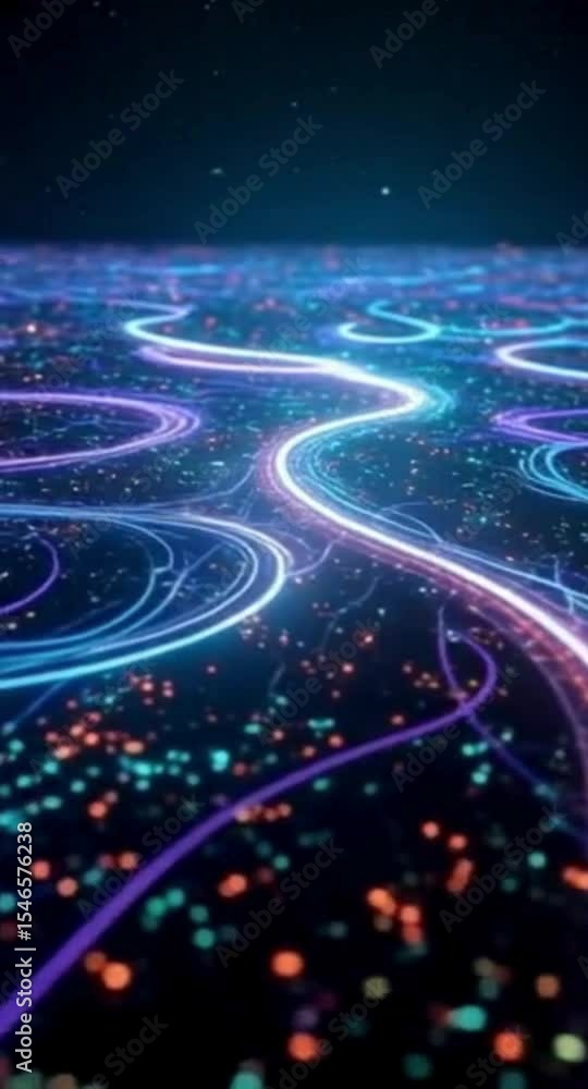 Poster abstract digital network glowing data streams and particles in a dark blue space
