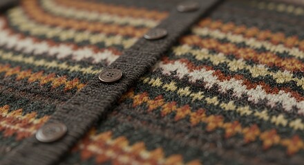 Close-up of a Brown Knit Cardigan with Intricate Fair Isle Pattern and Dark Buttons