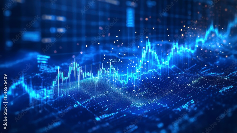 Poster Abstract blue glowing data visualization graph.