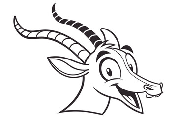 Cartoon antelope head shows a funny expression with patterned horns in a monochrome style