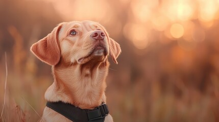 A Labrador dog gazes thoughtfully into the distance, illuminated by a warm golden light, conveying a sense of curiosity and serenity amidst nature’s beauty.