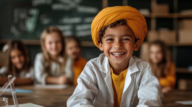 A cheerful child in a lab coat and yellow turban poses eagerly, representing the curiosity and wonder of science education in a colorful classroom environment with friends.