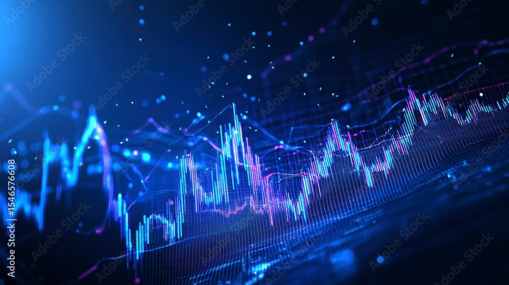 Poster abstract glowing blue and purple data visualization graph showing stock market trends and financial 