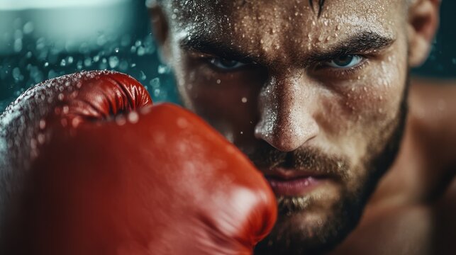 This intense image captures a focused boxer with sweat on his brow, signifying dedication and determination, showcasing the spirit and strength required in combat sports.