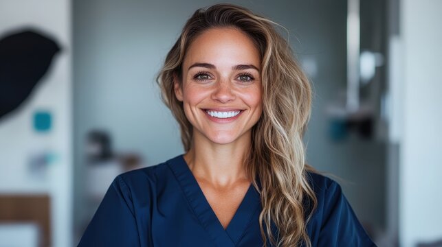A cheerful healthcare professional stands confidently in scrubs, showcasing a warm smile that conveys approachability and dedication to patient care in a modern setting.