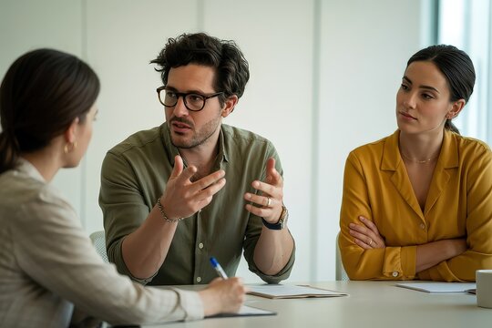 A man explains a concept to two colleagues during a business meeting