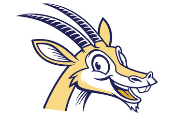 Cartoonish antelope with striking horns smiles widely, evoking cheerfulness in a friendly character