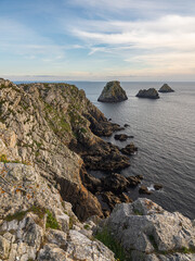 Rocky cliffs and Tas de Pois sea stacks at Pen-Hir Point, Camaret-sur-Mer, Brittany, France