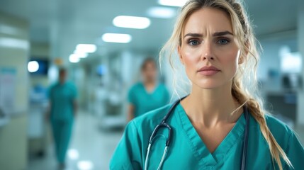 A focused female nurse wearing scrubs and a stethoscope is captured in a hospital corridor, symbolizing dedication and compassion in the healthcare environment.