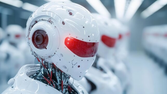 A futuristic robotic head featuring intricate details and a prominent red eye conveys themes of technology, artificial intelligence, and innovation in robotics.