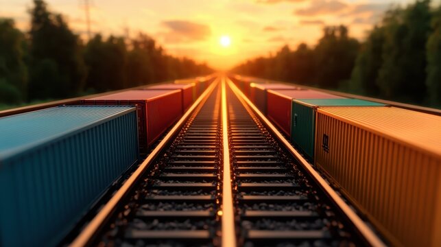 A captivating view of cargo containers lined along the railway tracks during sunset, representing transportation, trade, and industrial progression in an urban landscape.