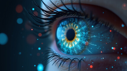 retina scan with digital firewall interface, personal data protection, holographic UI, sci-fi cybersecurity