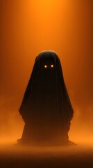 Mysterious Hooded Figure with Glowing Eyes in Halloween Mist
