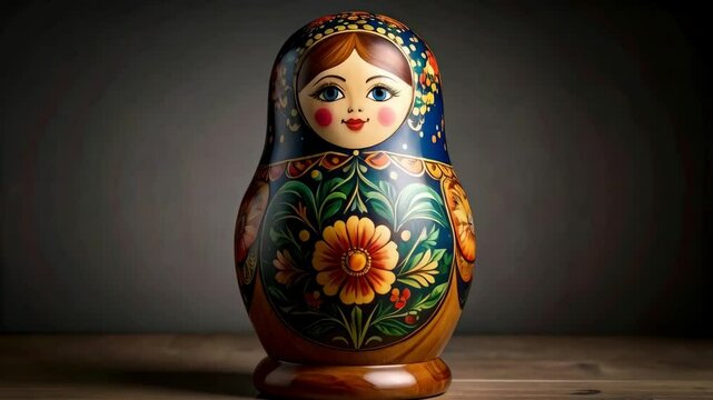 Colorful wooden Russian nesting doll with traditional floral and face design on a wooden surface with dark background, handcrafted souvenir