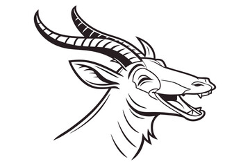 Stylized antelope head in black outline appears aggressive, showing its sharp teeth clearly