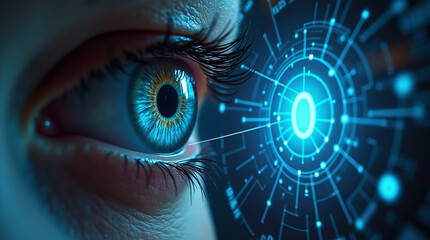 retina scan with digital firewall interface, personal data protection, holographic UI, sci-fi cybersecurity