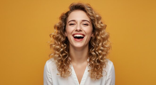 Joyful young woman with curly blonde hair laughing heartily against a vibrant yellow background a portrait showcasing positive emotions and healthy hair - Powered by Adobe
