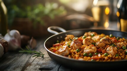 A vibrant chicken paella dish, brimming with fresh vegetables and rich colors, captures the essence of culinary delight and comfort food aesthetics, ready to savor.