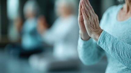 A serene image of elderly individuals practicing yoga, with a focus on graceful hands coming together in meditation, representing mindfulness, health, and tranquility through age.