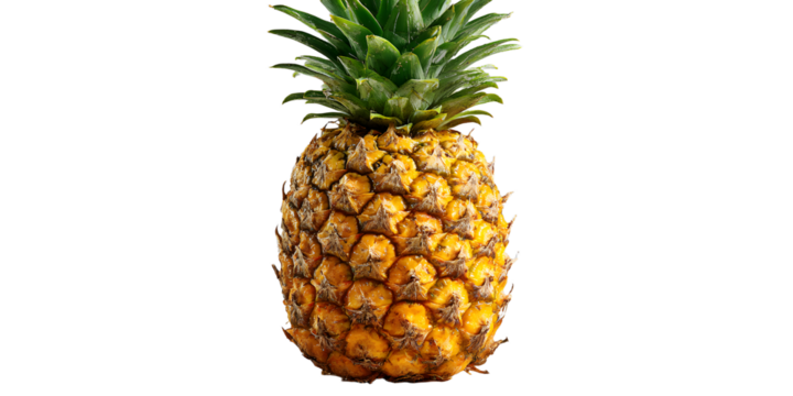 Closeup of whole pineapple displaying textured skin and green crown isolated on transparent background in studio lighting environment