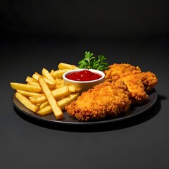 Crispy Fried Chicken and Fries with Ketchup