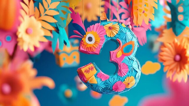 Vibrant paper art number three, adorned with colorful flowers and intricate details.