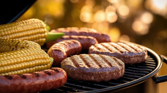 Delicious summer barbecue featuring burgers, sausages and corn on the cob
