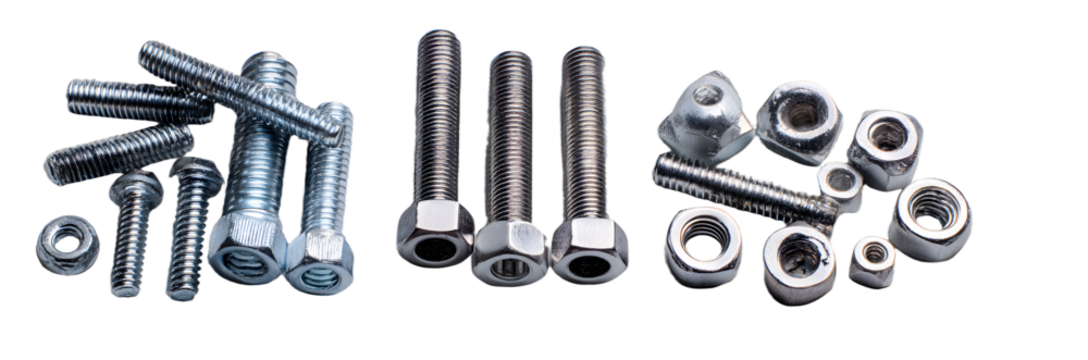 various metal bolts and nuts isolated on a transparent background arranged in three different groupings showcasing different sizes and styles of fasteners