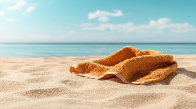 A vibrant orange towel lies on the golden sand of a beautiful beach, capturing the essence of relaxation and leisure under a clear, sunny sky and calm ocean waves.