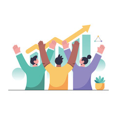 Flat vector illustration of a diverse team cheering in front of upward bar graph. Represents business growth, success, teamwork and achievement. Animation-friendly design.