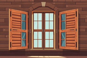 Obraz premium A window with open wooden shutters and a pair of glass paneled doors set within a woodclad wall