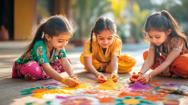 Three young girls playfully create vibrant rangoli art.