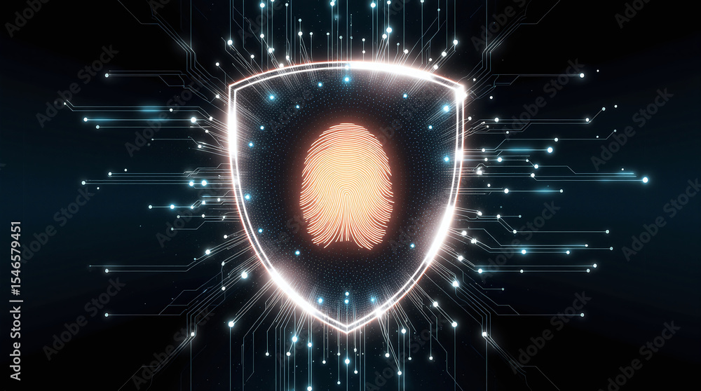 Poster shield icon with a fingerprint in the center, biometric security system interface, glowing circuits,