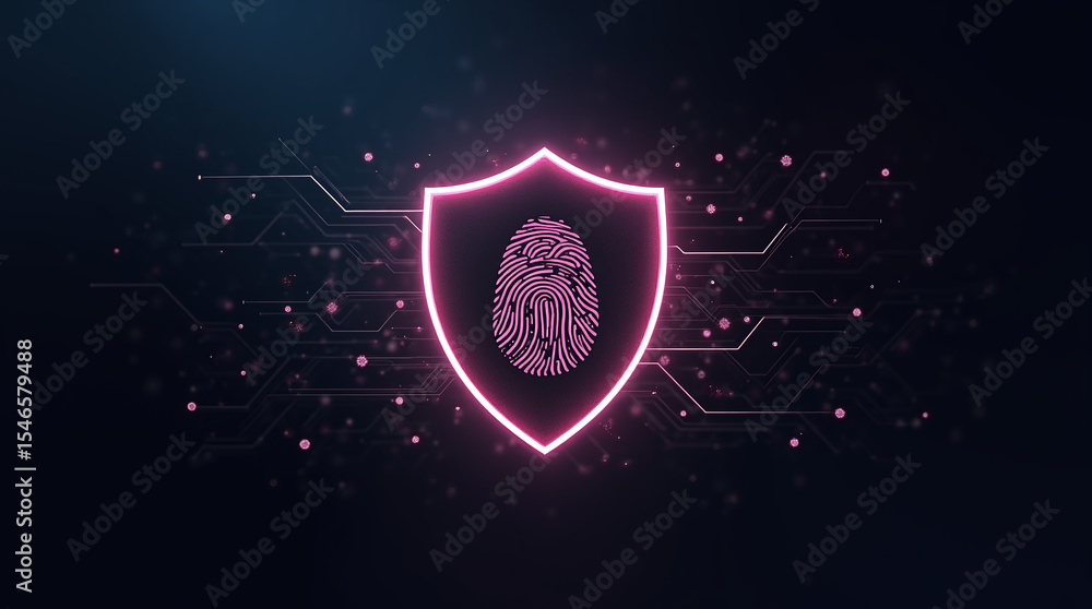 Poster shield icon with a fingerprint in the center, biometric security system interface, glowing circuits,