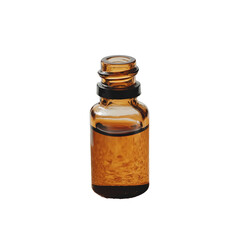 Amber Glass Vial of Essential Oil on Beige Corkboard isolated on white background, png